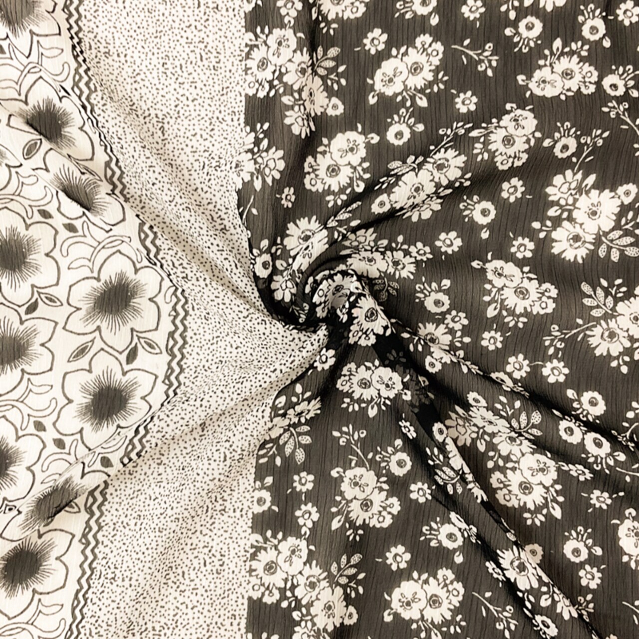 Black Poly Stripe Floral Print Crinkle Yoryu Chiffon Woven Fabric By the Yard